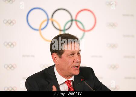 Alexander Zhukov, head of the 2022 Evaluation Commission for the International Olympic Committee (IOC), speaks at a closing ceremony at the end of the Stock Photo