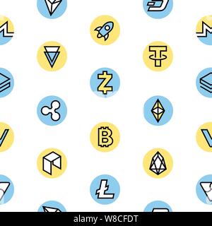 Crypto currency thin line color background icons isolated vector illustration, seamless pattern Stock Vector