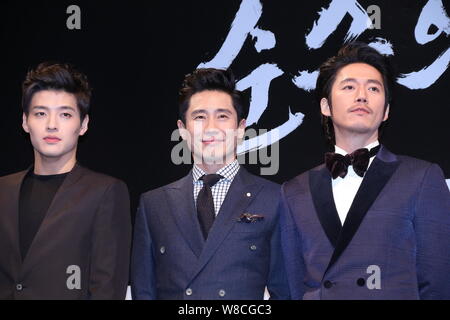 (From left) South Korean actors Kang Ha-neul, Shin Ha-kyun and Jang Hyuk pose during a press conference for their new movie 'Empire of Lust' in Seoul, Stock Photo