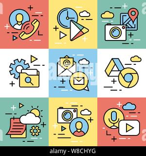 smart phone launcher black thin flat line digital vector mini banners isolated on white Stock Vector