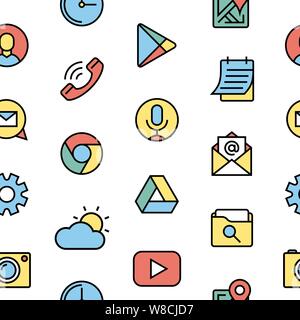 phone apps and launcher black thin flat line digital vector mini banners isolated on white, seamless pattern Stock Vector