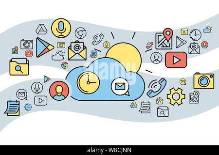 smart phone launcher black thin flat line digital vector color icons isolated on white Stock Vector