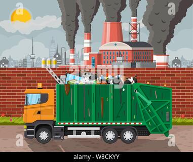 Plant smoking pipes. Garbage truck full of trash Stock Vector