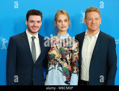 (From left) Scottish actor Richard Madden, English actress Lily James and British actor and director Kenneth Branagh pose at a photocall for their new Stock Photo