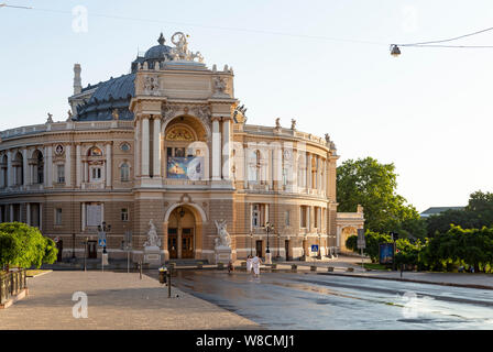 Ukraine, Odessa, Lanzheronivska street, 13th of June 2019. Front view of the opera and ballet theater early in the morning during a sunny day. Stock Photo