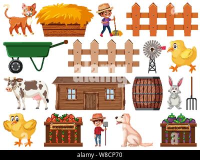 Large set of isolated farm objects illustration Stock Vector