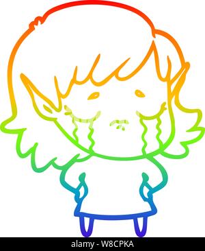 rainbow gradient line drawing of a cartoon crying elf girl Stock Vector