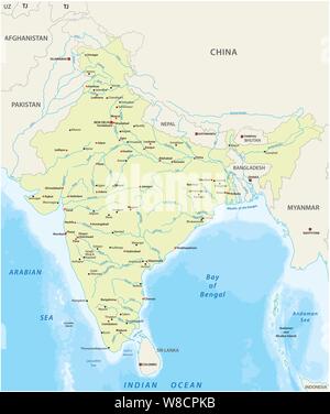 Map of India with the biggest cities and rivers Stock Vector