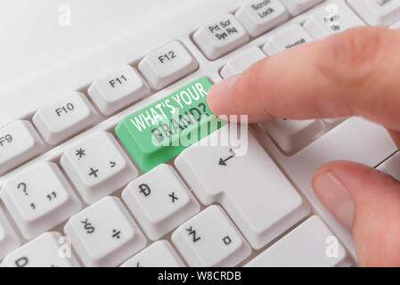 Word writing text What S Your Brand Question. Business photo showcasing asking about product logo does or what you communicate White pc keyboard with Stock Photo