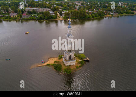 The ancient flooded bell tower of St. Nicholas Cathedral in the cityscape on a July day. Kalyazin, Russia Stock Photo