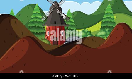 An outdoor scene with windmill illustration Stock Vector
