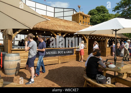 Shakespeare's Rose Theatre bar and village food stalls in summer York North Yorkshire England UK United Kingdom GB Great Britain Stock Photo