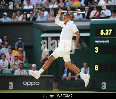 ustralian tennis player Nick Kyrgios jumping in the air during 2019 Wimbledon Championships, London, England, United Kingdom Stock Photo