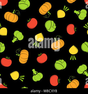 Silhouette seamless vegetable background flat illustration. Fresh food background in bright colors with autumn vegetable seamless element for healthy diet decor or vegan fabric print. Stock Photo