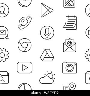 smart phone launcher black thin flat line icons isolated on white digital vector, seamless pattern Stock Vector