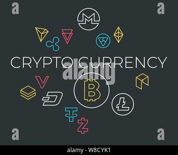 Crypto currency thin line color background icons isolated vector illustration Stock Vector