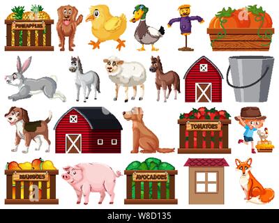 Large set of isolated farm objects illustration Stock Vector