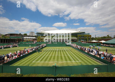 Panoramic view of outside courts with Centre Court building in the background, 2019 Wimbledon Championships, London, England, United Kingdom Stock Photo