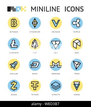 Crypto currency thin line color background icons isolated vector illustration Stock Vector