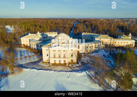 View of the Pavlovsk Palace on a February evening (aerial photo). Pavlovsk, the vicinity of St. Petersburg. Russia Stock Photo