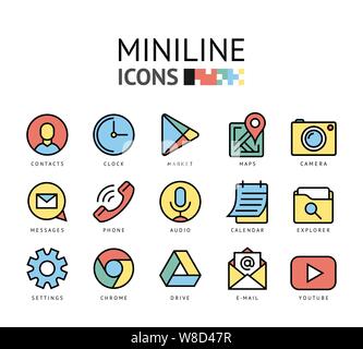 smart phone launcher black thin flat line digital vector color icons isolated on white Stock Vector