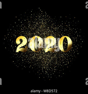 Happy New Year 2020 greeting card of glitter gold Christmas confetti on vector premium black background Stock Photo