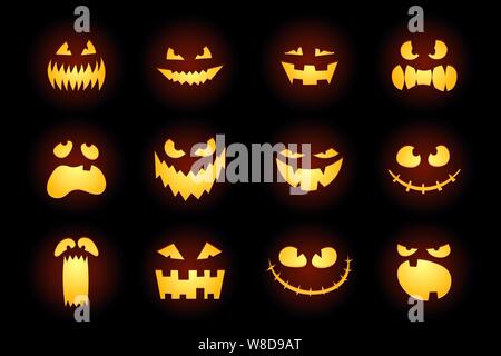 Halloween monster jack lantern pumpkin carved glowing scary face set on white background. Holiday cartoon character collection for celebration design. Vector cartoon horror spooky illustration Stock Vector