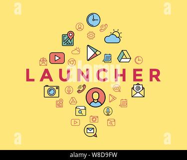 mobile phone launcher thin flat line icons digital vector illustration Stock Vector