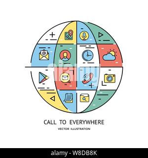 smart phone launcher black thin flat line digital vector color icons isolated on white Stock Vector