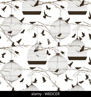 Vector seamless pattern with birds and cages Stock Vector