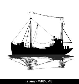 Fishing ship silhouette over white background Stock Vector