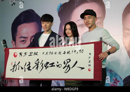 (From left) Chinese actor Li Dongxue, Chinese actress Zheng Shuang and Hong Kong actor Hawick Lau pose during a press conference for their TV series ' Stock Photo