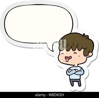 cartoon boy sticking out tongue with speech bubble sticker Stock Vector