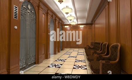 This Artist rendition shows an interior view of an elevator lobby in a full-scale replica of the Titanic ocean liner built by Seven Star Energy Invest Stock Photo