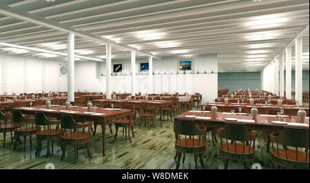 This Artist rendition shows an interior view of the restaurant of a second-class cabin in a full-scale replica of the Titanic ocean liner built by Sev Stock Photo