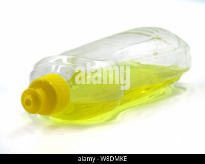 Dishwashing liquid detergent in plastic bottle isolated on white background, yellow color dishwashing liquid Stock Photo