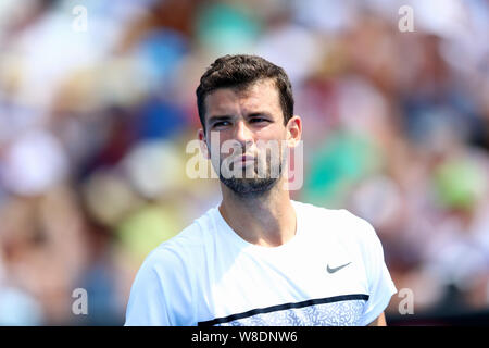 Grigor Dimitrov of Bulgaria is pictured in the men's singles third round match of the 2015 Australian Open tennis tournament against Marcos Baghdatis Stock Photo