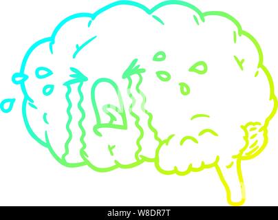 cold gradient line drawing of a cartoon brain crying Stock Vector