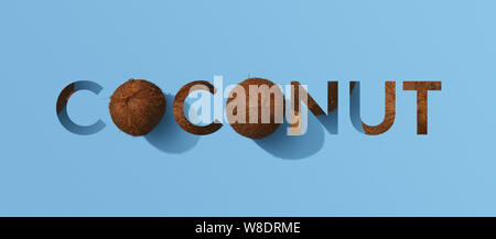 Word coconut with whole coconuts on blue background Stock Photo