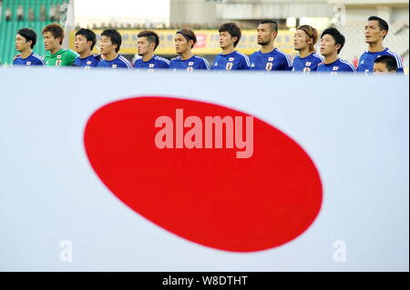 Players of the starting line-up of Japan pose before their soccer match of the Men's East Asian Cup 2015 against North Korea in Wuhan city, central Ch Stock Photo