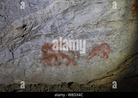 image of ancient animals on the wall of the ocher cave. historical art, painting. archeology. Stock Photo
