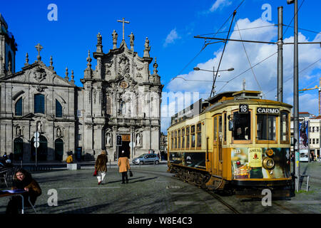 Tram in front of Carmo church, Porto Stock Photo