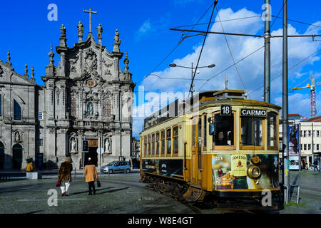 Tram in front of Carmo church, Porto Stock Photo