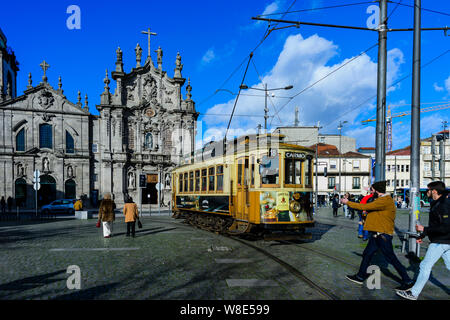 Tram in front of Carmo church, Porto Stock Photo