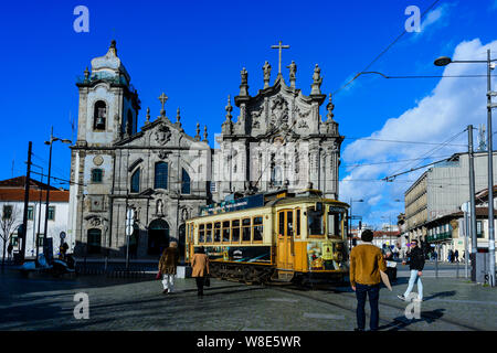 Tram in front of Carmo church, Porto Stock Photo