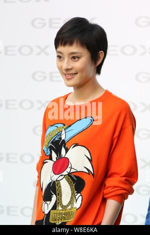 Chinese actress Sun Li poses at a promotional event for GEOX shoes in Shanghai, China, 22 May 2015. Stock Photo