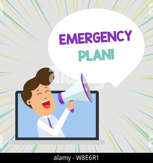 Conceptual hand writing showing Emergency Plan. Concept meaning actions developed to mitigate damage of potential events Man Speaking Through Laptop i Stock Photo