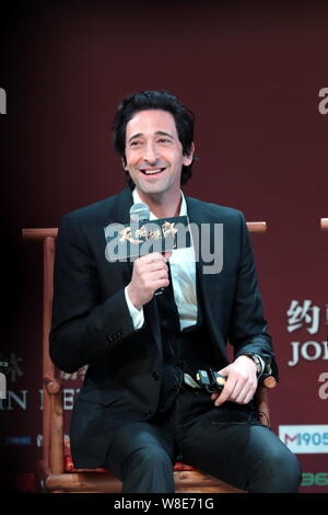 American actor Adrien Brody smiles during a premiere for his new movie 'Dragon Blade' in Shanghai, China, 6 February 2015. Stock Photo