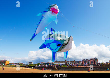 Lytham St Annes on Sea. UK Weather. 9th August, 2019 Strong winds for the weekend Kite Festival in Lytham which has been officially cancelled because of adverse weather, and which has been rescheduled for September.  Teams from Kuwait already based in the seaside town take their Peter Lynn kites to the air to enjoy some flying time before conditions deteriorate. Credit: MediaWorldImages/AlamyLiveNews Stock Photo