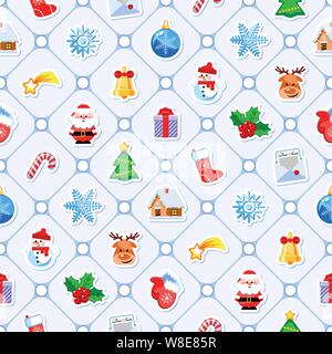 Christmas seamless pattern with cute cartoon characters and holidays elements. Vector illustration. Flat design without transparency. Good for wrappin Stock Vector